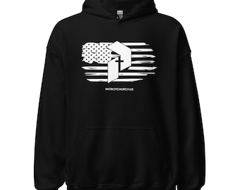 May include: Black hooded sweatshirt with a white graphic of a stylized 'P' with a cross inside, superimposed on a distressed American flag design. The text 'PATRIOTCHURCHUS' is below the graphic.