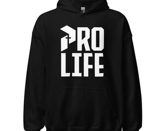 May include: Black hooded sweatshirt with the white text "PRO LIFE" with a cross in the "P".