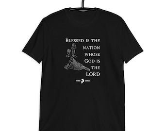 May include: Black t-shirt with a white graphic of an eagle flying with an American flag. The text "Blessed is the nation whose God is the Lord" is printed below the eagle. The words "Patriot Church" are printed below the text.
