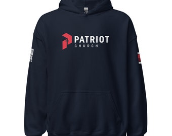 May include: Navy blue hooded sweatshirt with a red and white logo that says "PATRIOT CHURCH".
