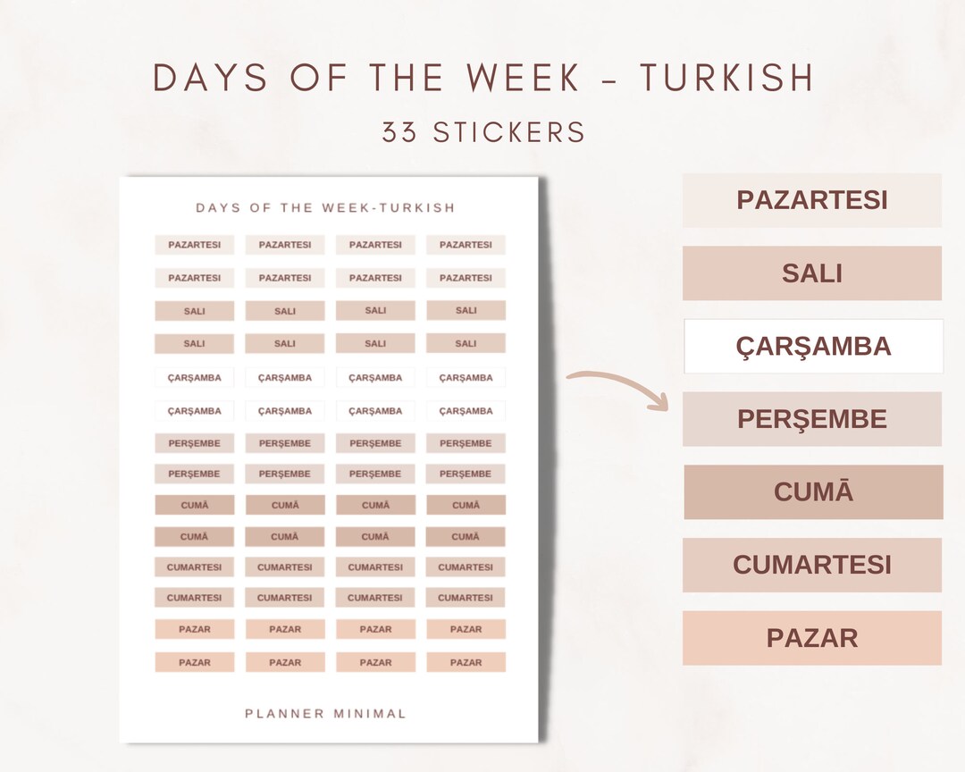 TURKISH Days of the Week PLANNER STICKERS Neutral Planner - Etsy