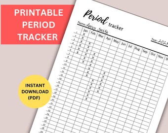 Period Tracker Printable, Yearly Period Journal, Instant Download Black and White, Menstrual Cycle Tracker