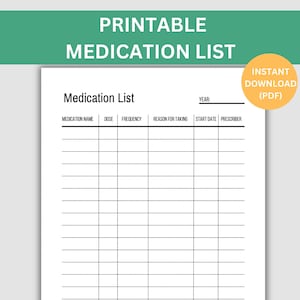 印刷可能な投薬リスト テンプレート、投薬の追跡、投薬の追跡のための即時ダウンロード、介護者リソース、サプリメント リスト