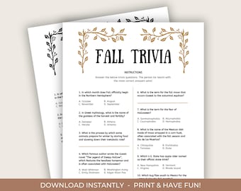 May include: A printable Fall trivia game with 10 questions about the season. The questions cover topics like the start of fall, the goddess of harvest, and the fear of Halloween. The game is decorated with a brown and gold leaf border.