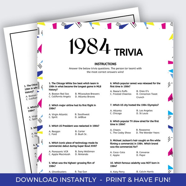 1984 Trivia Game, 40th Birthday Trivia, 1984 Birthday, Born in 1984, 40th Birthday Game, Back in 1984, 1984 Fun Facts, Birthday Trivia, 1984