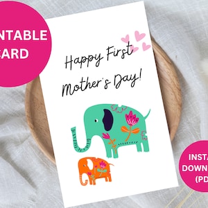 Biglietto stampabile per la prima festa della mamma con mamma e cuccioli di elefante, biglietto per il download istantaneo per la neo mamma, biglietto per la festa della mamma con animali