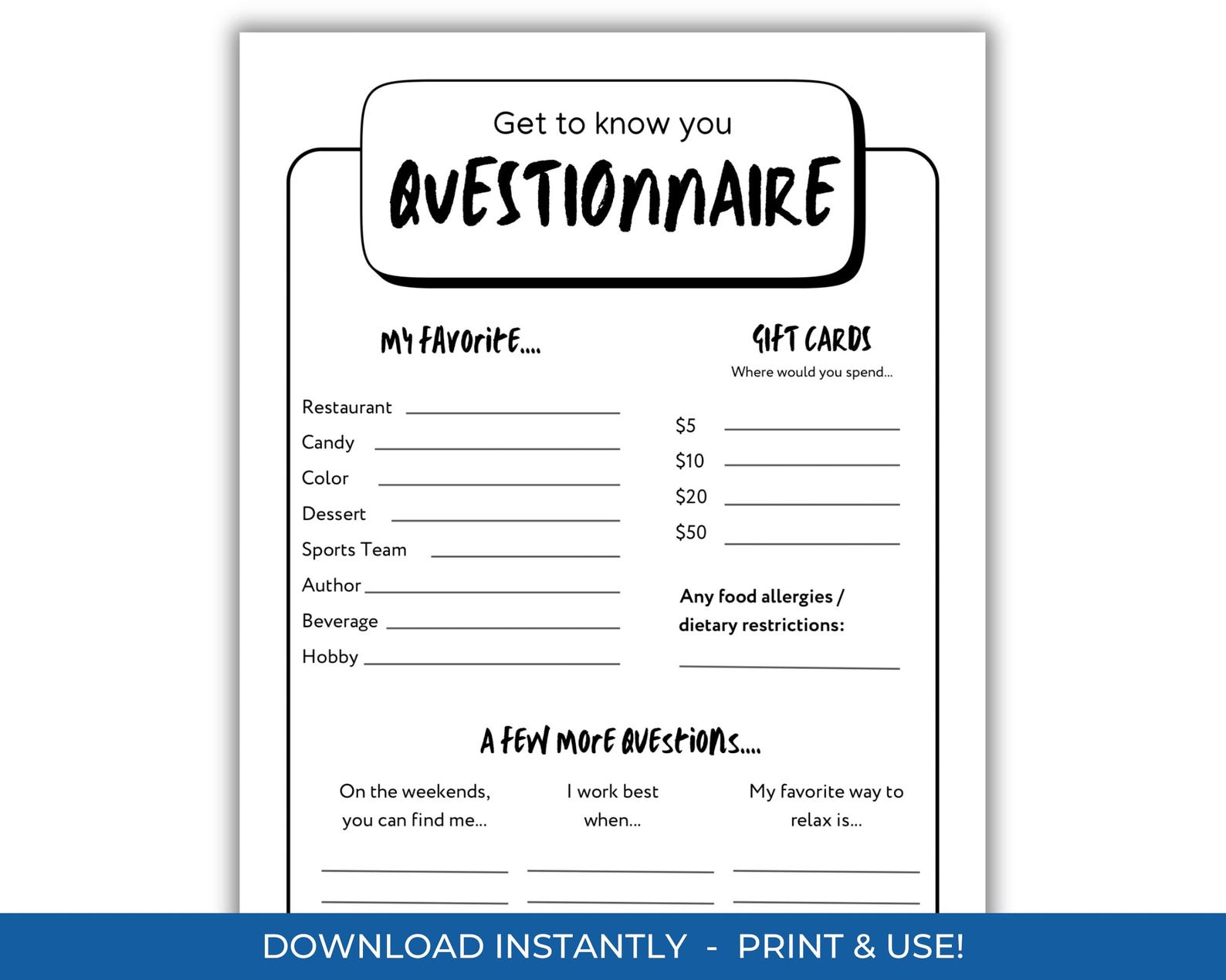 Team Building Questionnaire Printable: Employee Favorites List (PDF) - Etsy