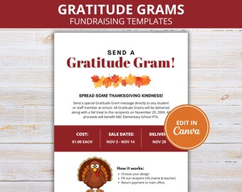 Editable Gratitude Grams, Canva Thanksgiving PTO/PTA Fall Fundraiser, Gobble Gram Cards