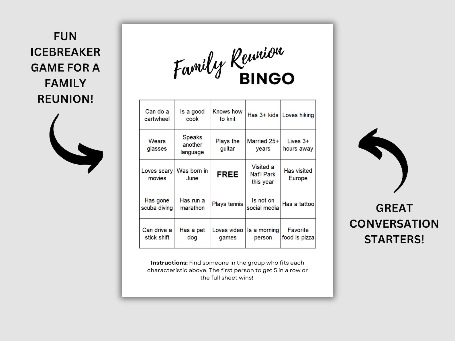 Family Reunion Bingo, Printable Family Reunion Games, Icebreaker Game ...