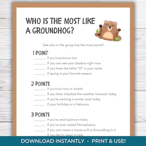 Groundhog Day Game: &#39;Who is Most Like a Groundhog&#39; Activity (PDF)