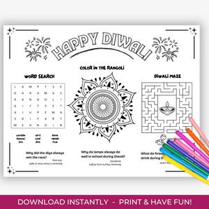 Diwali Coloring Activity Sheet, Printable Diwali Activity for Kids, Diwali Coloring Sheet, Diwali Word Search, Rangoli Coloring Activity