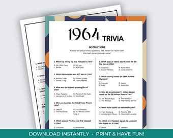 60th Birthday Trivia, 1964 Trivia Game, Born in 1964, 60th Birthday Game, 60th Anniversary, 60 Year Reunion Game,  Back in 1964 Trivia