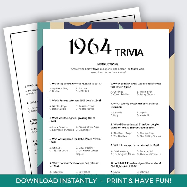 60th Birthday Trivia, 1964 Trivia Game, Born in 1964, 60th Birthday Game, 60th Anniversary, 60 Year Reunion Game,  Back in 1964 Trivia