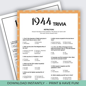 Jeu-questionnaire 1944, 80e anniversaire, 1944 anniversaire, Né en 1944, 80e anniversaire, Retour en 1944, Faits amusants 1944, Centre pour personnes âgées