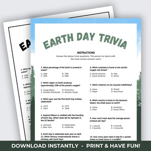 Earth Day Trivia Game, Printable Earth Day Activity for Groups, Environmental Trivia Game, Earth Day History and Fun Facts, Classroom Game