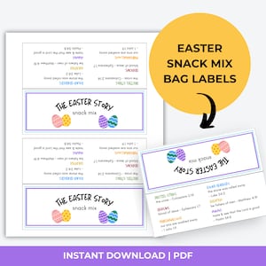 Ostergeschichte Snack Mix druckbare Etiketten, Ostergeschichte DIY Geschenkidee, Ostersonntag Schulaktivität, Ostersnackmixtüten, Kinder Ostern 2024