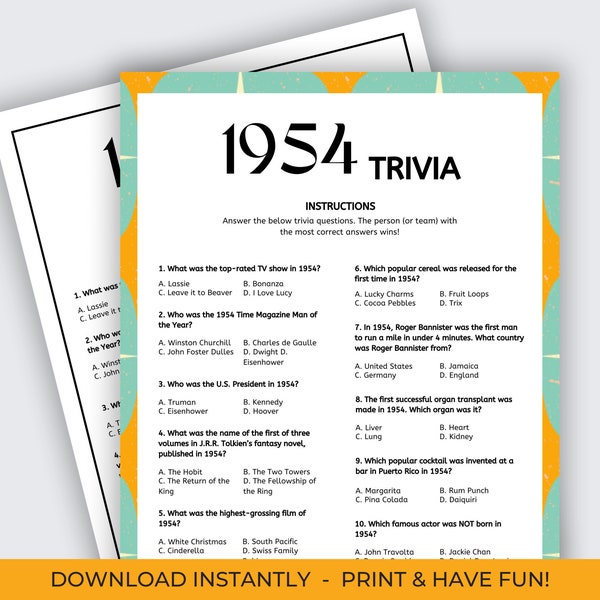 1954 Trivia Game, 70th Birthday Trivia, 1954 Birthday, Born in 1954, 70th Birthday Game, Back in 1954, 1954 Fun Facts, Birthday Trivia, 1954