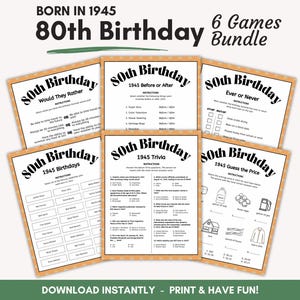 Born in 1945 Game Bundle for 80th Birthday Party, 1945 Trivia, Printable Birthday Games, 80th Birthday Party Ideas for Groups, 80 Years Old