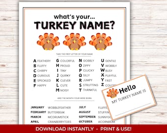 Wat is jouw kalkoennaam? Spel met bijpassende naamkaartjes, grappige naamgenerator voor Friendsgiving (PDF)