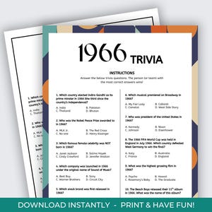 May include: A trivia game sheet with the title "1966 Trivia" in large black font. The sheet includes trivia questions about events from 1966, such as the Nobel Peace Prize winner and the highest-grossing film. The background has a geometric design.