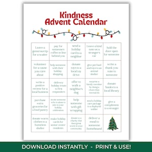 Kindness Advent Calendar, Christmas Acts of Kindness, Printable Holiday Acts of Kindness Calendar, Christmas Countdown for Families