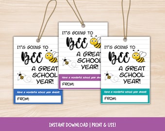 Étiquettes cadeaux pour la rentrée des classes sur le thème des abeilles, « Ça va être une super année scolaire pour les ABEILLES », étiquettes imprimables pour enseignants du primaire pour élèves