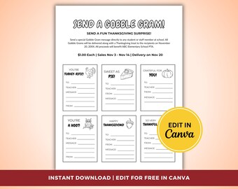 Gobble Gram Flyer, Editable Canva Thanksgiving Gram PTO/PTA Fundraiser Template, Gratitude Gram Cards