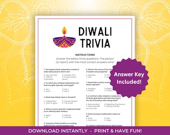 Diwali Trivia Game, Festival of Lights Group Quiz Activity for Adults and Kids (PDF)