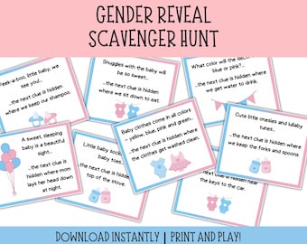 Könnte beinhalten: Gender Reveal Schnitzeljagd-Spiel mit Hinweisen auf Karten. Jede Karte hat einen rosa oder blauen Rand und enthält ein Rätsel über Babyartikel. Der Text "DOWNLOAD INSTANTLY | PRINT AND PLAY!" steht unten.