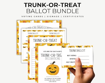 May include: A bundle of Halloween-themed ballot cards, signage, and certificates. The cards feature a pumpkin graphic and the text "TRUNK-OR-TREAT BALLOT BUNDLE". The design includes orange, white, and black colors, with ghosts and pumpkins.