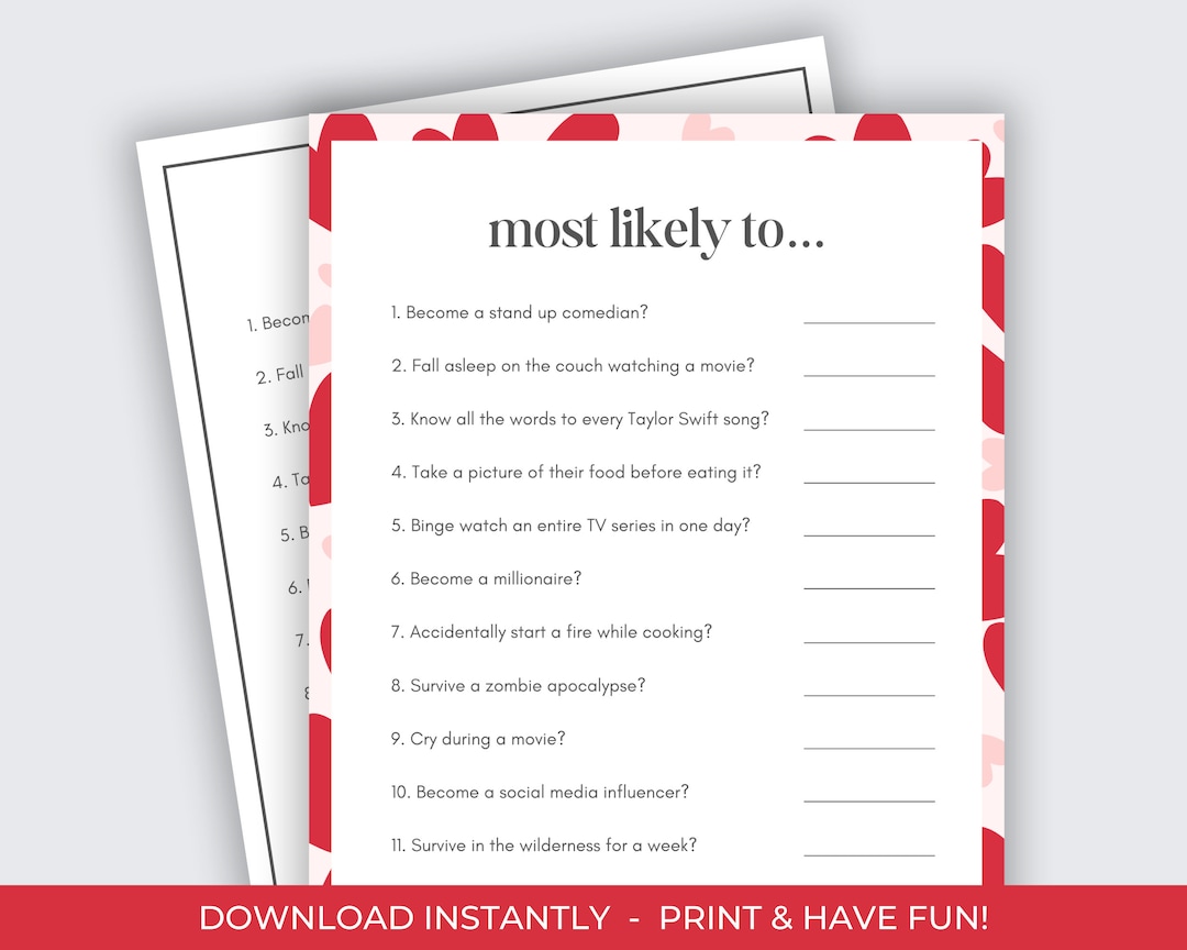 Galentine's Game for Teens, Adults, Most Likely to Game, Printable ...