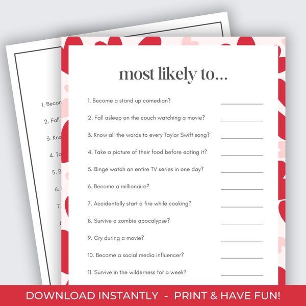 Galentine's Game for Teens, Adults, Most Likely To Game, Printable Galentines Activity (Clean), Galentines Day Games, Teen Valentines Game