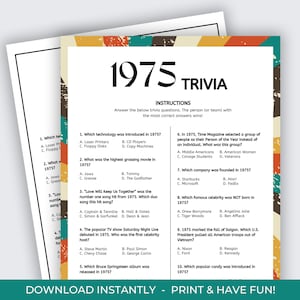 1975 Trivia Game, Born in 1975, 50th Birthday Game, 50th Anniversary, 50 Year Reunion Game, 1975 Fun Facts, Back in 1975, Class of 1975