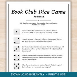 恋愛小説の読書クラブディスカッションの質問、恋愛小説のサイコロゲーム、印刷可能な読書クラブアクティビティ、恋愛小説の読書クラブゲーム