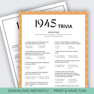 Juego de trivia de 1945, trivia del 80.° cumpleaños, cumpleaños de 1945, nacido en 1945, juego del 80.° cumpleaños, en 1945, datos curiosos de 1945, trivia del centro para personas mayores