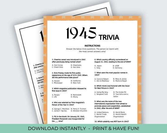 1945 Trivia Game, 80th Birthday Trivia, 1945 Birthday, Born in 1945, 80th Birthday Game, Back in 1945, 1945 Fun Facts, Senior Center Trivia