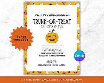 Editable Trunk or Treat Flyer, Canva Halloween Event Invitation Template, Printable Trunk-or-Treat Poster, Church Halloween Party