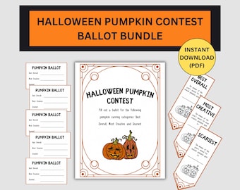May include: Printable Halloween pumpkin contest ballot bundle with five ballots and three award certificates. The certificates are for Best Overall, Most Creative, and Scariest. The ballots have space for the voter to write in the name of the pumpkin they think is best in each category.