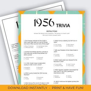 Puede incluir: Una hoja de juego de trivia con el título "1956 Trivia" en letras negras grandes. La hoja tiene un fondo turquesa con un borde amarillo y naranja. Las preguntas de trivia están impresas en negro.