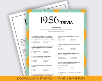 May include: A trivia game sheet with the title "1956 Trivia" in large black letters. The sheet has a teal background with a yellow and orange border. The trivia questions are printed in black.