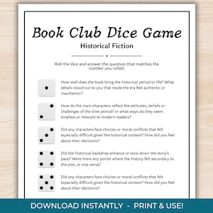 歴史小説の読書クラブ ダイス ゲーム、印刷可能な読書クラブ アクティビティ、読書クラブ ゲーム、読書クラブ ディスカッション、教師用リソース
