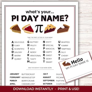 What&#39;s Your Pi Day Name Game, Pie Party Name Tags, Pi Day Activity for Kids and Adults, Fun March 14 Pie Party Idea, Math Classroom Activity