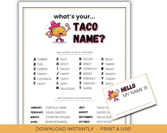 Taco Name Game: Fiesta Party Printable with Name Tags (Digital Download)