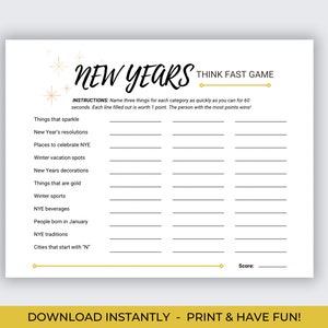 New Years Think Fast Game, New Years Eve Party Games, Think Fast Game, Office Holiday Party Games, NYE Word Games, New Years Eve Activities