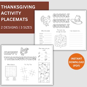 Thanksgiving Kids Placemats for Coloring, Thanksgiving Games, Kids Table Activities, Thanksgiving School Placemats, Thanksgiving Coloring