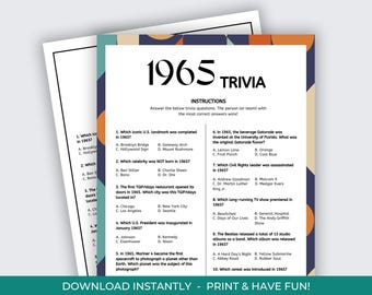 May include: A printable 1965 trivia game with 10 questions about events, people, and products from 1965. The questions are printed on a white background with a colorful geometric pattern.