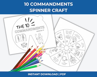 Puede incluir: Una actividad artesanal imprimible en blanco y negro para que los niños aprendan los 10 Mandamientos. La imprimible presenta un spinner con ilustraciones y texto relacionados con cada mandamiento. El texto incluye "Los 10 Mandamientos" y "Éxodo 20:1-17".