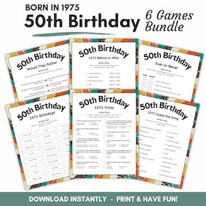 Born in 1975 Game Bundle for 50th Birthday, Born in 1975, 1975 Trivia, 50th Birthday Party, Printable Group Games for All Ages, 1975 Fun