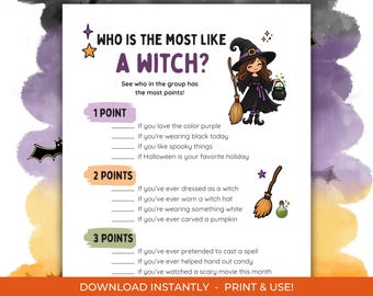 Who Is Most Like a Witch Game, Printable Halloween Classroom Party Activity, Silly Halloween Game (PDF)