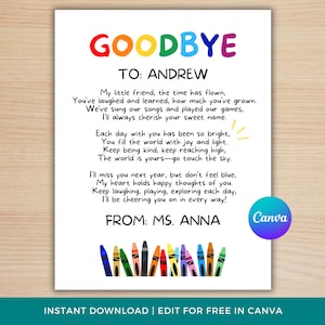 Poema de fin de año de una maestra de preescolar, carta de despedida imprimible para estudiantes, recuerdo del último día de clases, graduación de preescolar y kínder.
